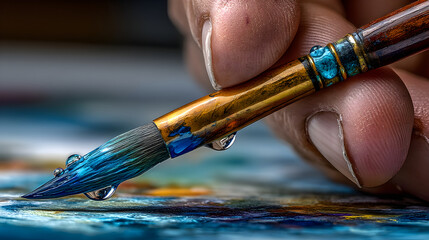 Naklejka premium Artist hand holding paintbrush with water drops