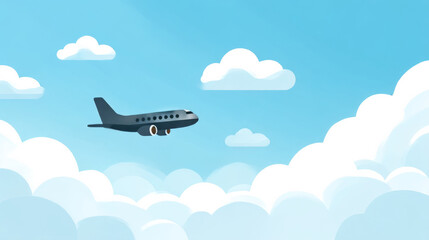 Airplane journey through blue sky and fluffy clouds