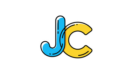 Obraz premium Abstract J and C monogram logo design, a vibrant vector cartoon illustration featuring bold blue and yellow letters intertwined on a clean white background, perfect for branding, identity, and