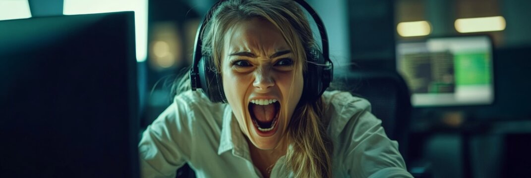 A professional woman wearing a headset and yelling in an office setting.