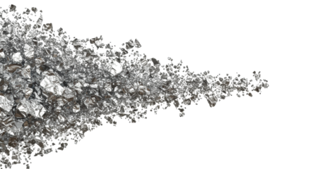 Crumpled, highly reflective silver foil flakes, luminous and shimmering, varying sizes, dense left to sparse right on transparent background with copy space, luxurious abstract design
