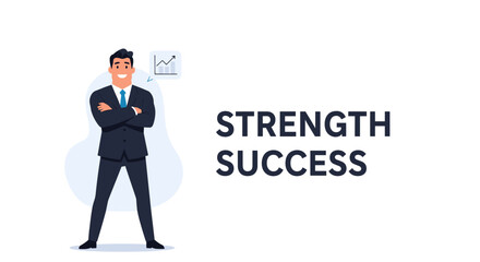 A confident businessman stands with arms crossed, symbolizing strength and success, next to a graph indicating growth, representing business achievement and positive financial performance in a flat © JannatulFerdaus