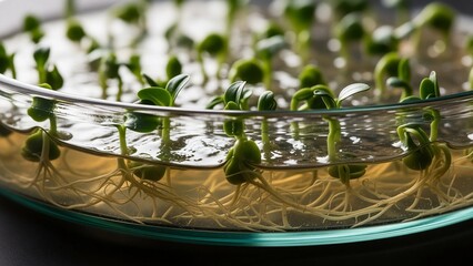Close up of green sprouts growing in glass petri dish full of water with visible roots, concept of scientific experiment, hydroponics.