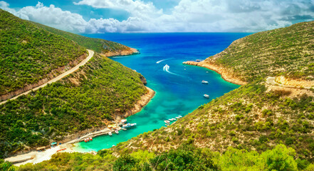 Aerial scene of Port Vromi Beach, Zakynthos Island, Greece, illuminated by the Greek summer sun...