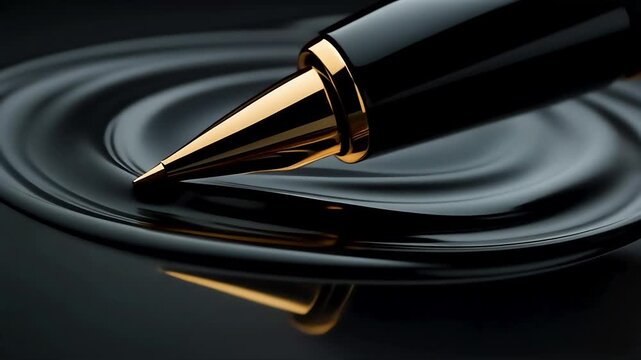 Elegant black pen on glossy surface animation, Close-up of a black pen resting on a glossy black surface, reflecting light