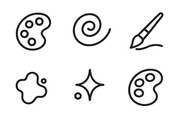 Palette Swirl Icons. Line style icons of Palette Swirl Mix: curved palette, soft wells, swirl stroke, brush angle, tint speck,