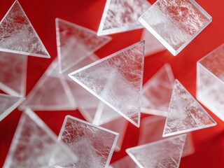 Translucent Geometric Shapes Scattered on a Vibrant Red Surface