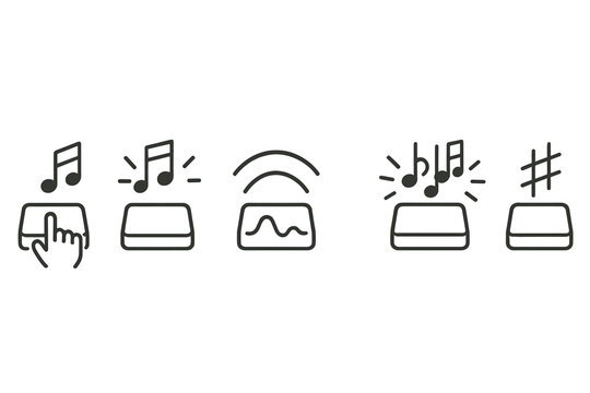 Melodic Keystroke Icons. Melody-rich keystrokes: Line style icons of key press, note flare, rhythm arcs, audio curve, chord glow,