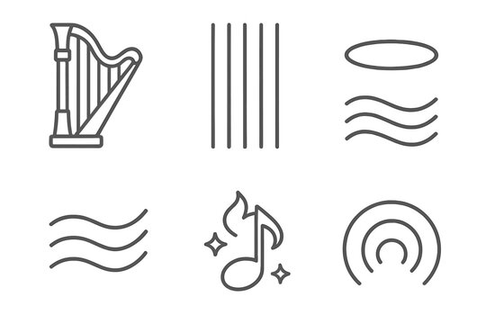 Angelic Harp Icons. arp string angelic: Line style icons of harp frame, long strings, angelic halo, soft waves, melody spark,