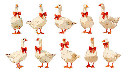 Adorable watercolor easter geese with bows set. Cute spring holiday decoration print, cute farm bird for greeting card vector illustrations