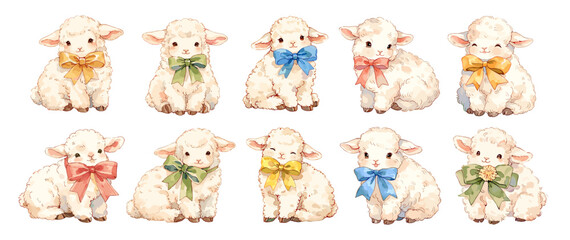 Adorable watercolor easter baby sheeps with bows set. Cute spring holiday decoration print, fluffy lambs for greeting card vector illustrations