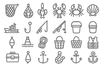 Maritime Harvest Icons. Line style icons of maritime harvest: Net, Catch, Harvest, Fish, Lobster, Crab, Shellfish, Boat, Hook, Rod