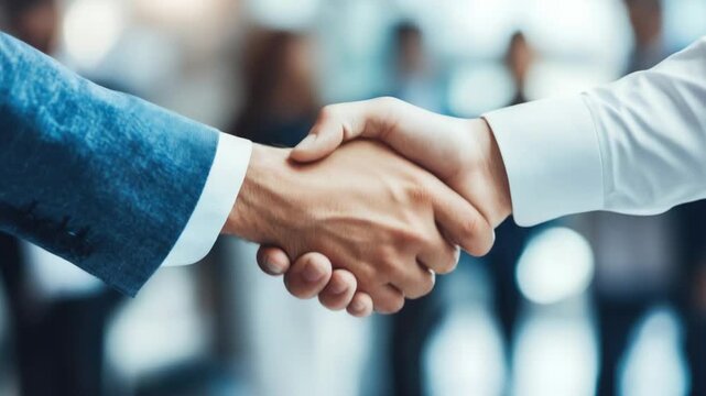 Two people in suits shaking hands over a table, signaling the closure of a successful negotiation or contract signing.