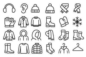 Fototapeta premium Winter Clothing Icons. Line style icons of winter apparel: Earmuff, Ear, Winter, Hat, Beanie, Scarf, Gloves, Coat, Sweater, Boots,