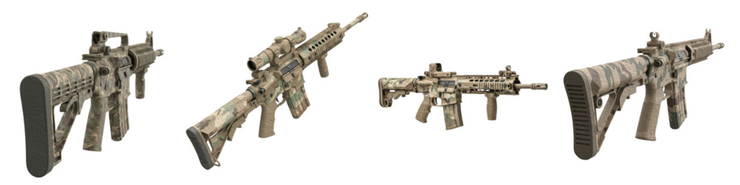 Set Collection M4 Carbine AR-15 Custom Desert Camo Tactical Rifle Modern Military Weapon High Detail Professional Combat Style isolated on transparent png background oil paint me