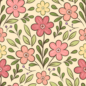 Seamless spring and summer cartoon floral pattern illustration with pink and yellow flowers and green leaves.  Print for wallpaper, cards, fabric, wrapping paper, backgrounds, textures