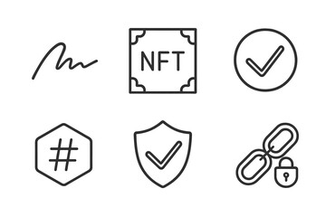 Fototapeta premium NFT Signature Verification Icons. Line vector icons of NFT signature verification: signature curve, token frame, check arc, hash