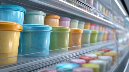 Colorful Ice Cream Containers in Retail Freezer with Glass Reflections