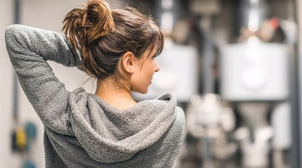 Woman adjusting her hair while standing in a workshop with machinery in the background