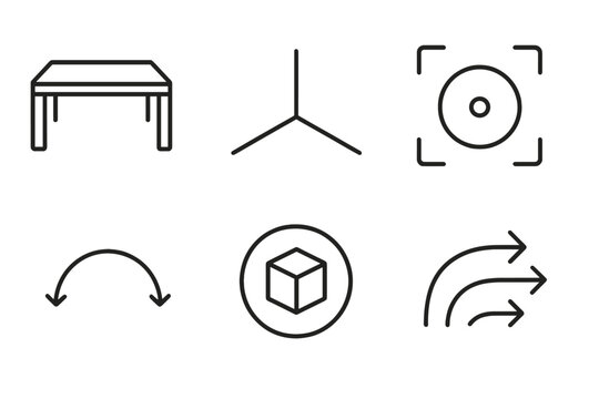 Virtual Furniture Icons. Line vector icons of virtual furniture preview: table outline, room boundary, AR anchor dot, perspective