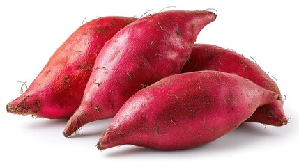Several sweet potatoes are stacked together on a white background in a simple display that shows their shapes and colors