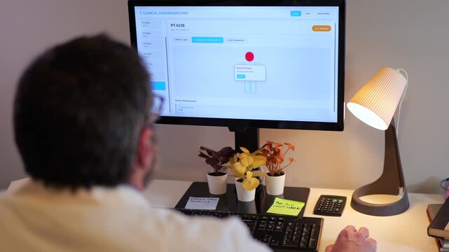 Middle-aged male doctor in home office reviews patient EMR dashboard with AI-assisted notes, vitals, labs, and visit summaries on monitor concept