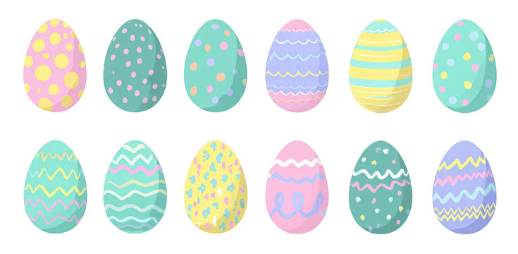 vector set of pastel easter eggs with different patterns and designs