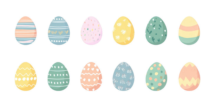 vector set of pastel easter eggs with different patterns and designs
