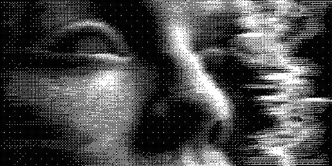 Abstract halftone face composition with broken pixel structure, coarse dot pattern and noisy analog texture, dramatic monochrome contrast and glitch mood, vector illustration