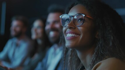 A diverse group of adults laughing together in a movie theater.