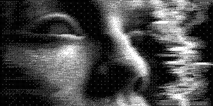 Abstract halftone face composition with broken pixel structure, coarse dot pattern and noisy analog texture, dramatic monochrome contrast and glitch mood, vector illustration