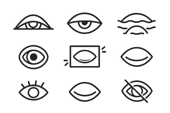 Line Style Icons. Line style icons of instantaneous eye-interment: buried gaze, layered eyelid, sinking light, fading outline,