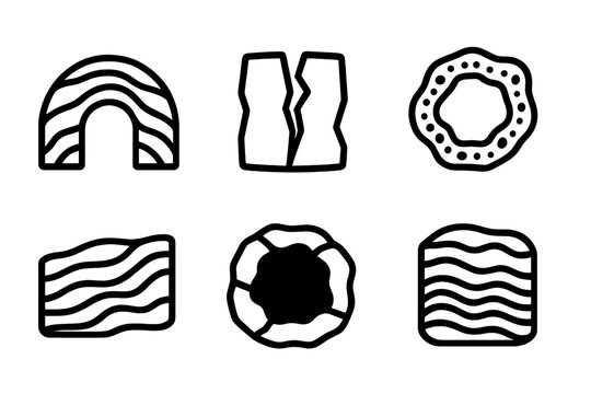 Stone Gap Icons. Line style icons of stone gap tableaus: layered stone arc, open void, fractured wall, mineral-lined pocket,