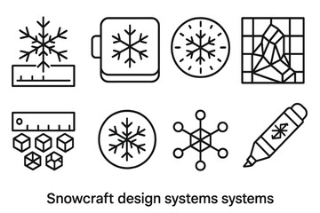 Snowcraft Design Icons. Line style icons of snowcraft design systems: flake geometry chart, frozen mold tool, ice pattern dial,