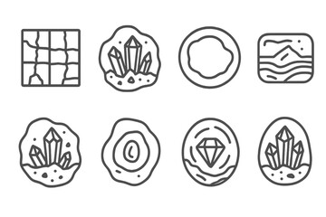 Geological Line Icons. Line style icons of stone gap tableaus: cross-cut rock grid, mineral pocket scene, hollow section ring,