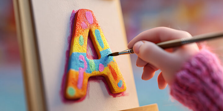Childs hand painting a colorful letter A on an easel, fostering creativity and early learning
