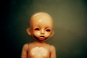 Creepy doll face in dark dirty water