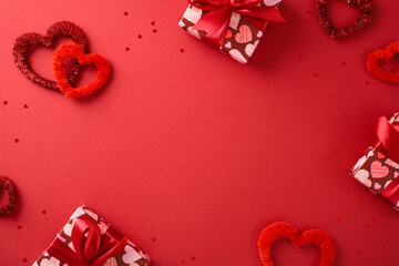 Valentine's Day concept with gift boxes and hearts on a red background.