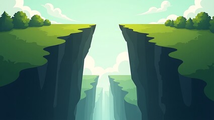 Deep Chasm with Green Ledges and Trees Under Sky