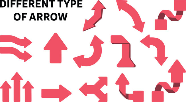 Arrows, icons, vector, illustration, sketch, outline, red, direction, navigation, pointer, graphic, design, curved, straight, bent, split, stylized, 3D, symbol, indicator