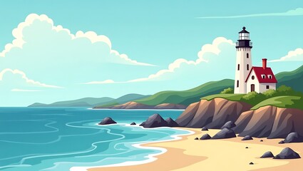 Stylized Lighthouse with Red Roof House on Coastal Cliff