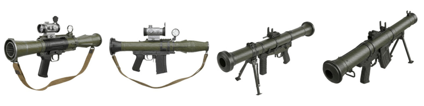 Set/Collection of Modern Tactical Military Firearms and Rocket Launchers, Highly Detailed Realistic Army Weapons Illustration for Defense and Warfare Concepts, Isolated on Transparent PNG Background, 
