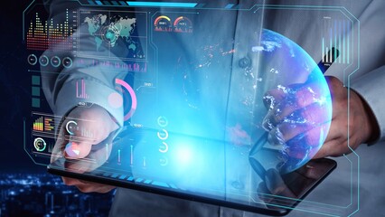 High-tech global network connection interface showing worldwide digital communication, data exchange, and internet connectivity. Global connection, data interaction, and worldwide communication. Thunk