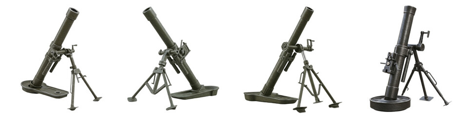 Set/Collection Military Mortar Weapons, Heavy Artillery Equipment, Army Ordnance, Isolated on Transparent PNG Background, Oil Paint