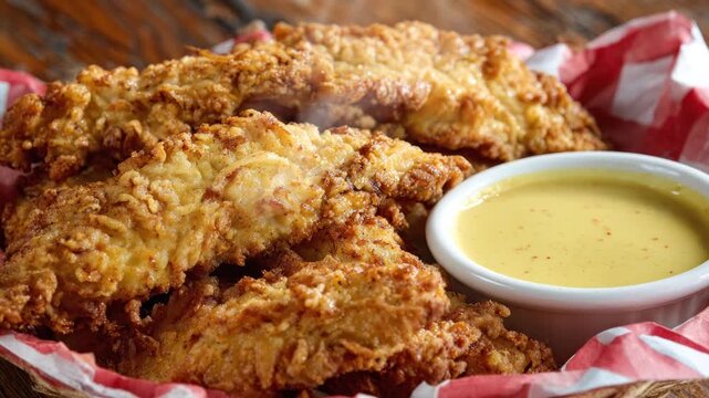 Close up of a basket filled with crispy, golden, fried chicken tenders, plus a small side of sauce