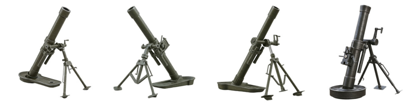 Set/Collection Military Mortar Weapons, Heavy Artillery Equipment, Army Ordnance, Isolated on Transparent PNG Background, Oil Paint