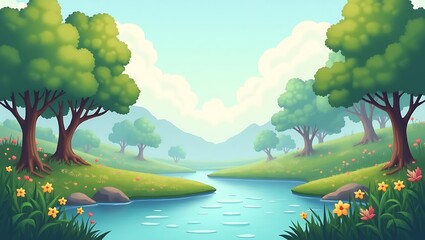 Peaceful River Landscape with Lush Trees and Flowers