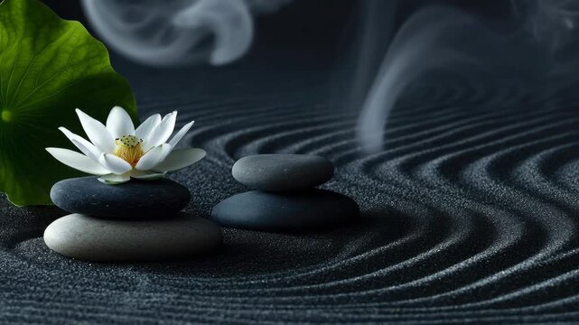 Meditative rock garden with a lotus flower on a bed of sand, designed for mindfulness and stress relief.