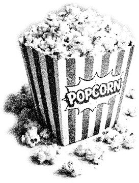 Black and white halftone dots illustration of a theater or movie popcorn box in retro comic book newspaper style. Vintage dotted texture, pop art aesthetic, cinematic snack concept isolated on white