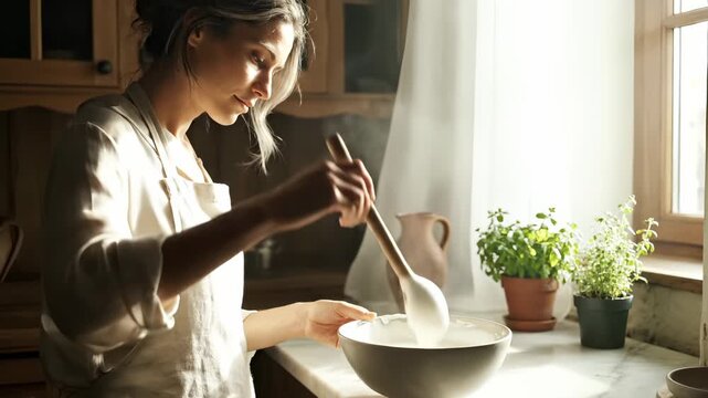 Woman stirs batter in kitchen bowl near window with sunlight. Baker mixes ingredients in bowl for recipe. Woman preparing batter at home. Kitchen cooking with mixing bowl in morning sunlight.